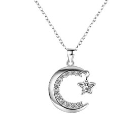 Blazing Autumn Silver Plated Moon and Star Necklace with Lighted Gift Box, Crystal Zircon Star Pendant for Women