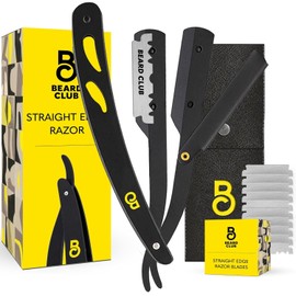 The Beard Club Navaja de Afeitar para Hombre - Straight Edge for Barbers - Kit de Navaja Clásica Barbero - Navaja Profesional Una Hoja Derby con 10 Cuchillas Acero Inoxidable Reemplazables y Estuche Cuero