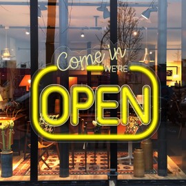 LED Neon Open Sign for Business, Dimmable Come In We Are Open Led Neon Lights for Wall Art Decor, Yellow USB Open Neon Light Signs for Coffee Shop Bar Restaurant Salon Hotel Decor