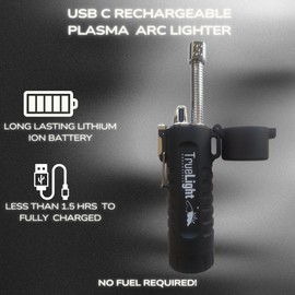 TrueLightEssentials Electric Rechargeable Plasma Lighter - Waterproof USB Arc Lighters with Flashlight LED Battery Indicator and Flexible Neck for Candle Survival Camping Emergency (Black, Long)