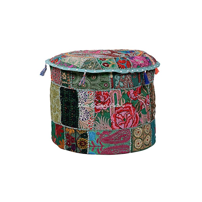 Stylo Culture Cotton Patchwork Embroidered Ottoman Stool Pouf Cover Green