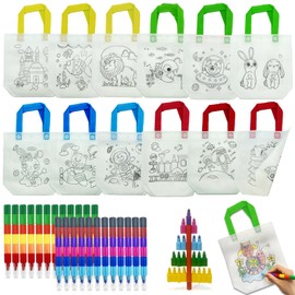ICEPAPA, Pack of 12 Fabric Bags for Painting for Children and 24 Pieces Stackable Wax Crayons (Total 12 Colours), Perfect for Party Bags Children's Birthday Party and Craft Set Children's Birthday