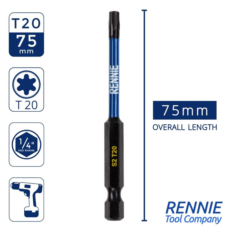 5 x Rennie Tools 75mm Long T20 TX20 Impact Screwdriver