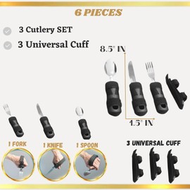 Weighted Utensils for Hand Tremors | Set of 6 pcs 3 Cutlery & 3 Universal Cuff | Parkinsons Utensils | Handicapped Accessories | Adaptive utensils | Elderly Assistance Product.
