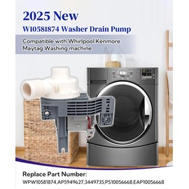Washing Machine Water Drain Pump W10581874 WPW10581874 Fits For Whirlpool Maytag Kenmore Washer Models(7MM,MVW,WTW,7MW),Replaces AP5949627,3449735,PS10056668,EAP10056668