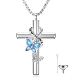 Flpruy Aquamarine Birthstone Butterfly Cross Urn Necklaces for Ashes Sterling Silver March Cremation Keepsake Pendant w/Funnel Filler Memorial Necklaces for Human Women Pets Men