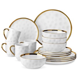 LOVECASA 16 Pieces Plates and Bowls Sets, Porcelain White and Gold Dinnerware Sets, Round Dinner Plates Dishes Set Service for 4, Dishwasher Safe and Scratch Resistant, White