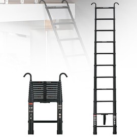 Qimu Telescoping Ladder 10.5FT Aluminum Extension Ladder with 2 Detachable Hooks - Multi-Purpose Portable Lightweight Ladder RV Collapsible Ladder, Anti-Slip Attic Ladder, Loft Ladder, 330 Lb Capacity