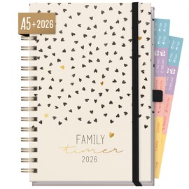 Häfft® Family-Timer Deluxe 2026 A5+ "Golden Hearts" Hardcover Family Calendar for 4 People, Family Planner 12 Months: Jan to Dec 26 - Sustainable & Climate Friendly