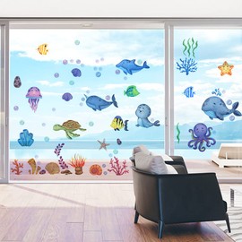 YunBey Wall Sticker Bathroom Under the Sea Wall Sticker Sea Animals Fish Coral Window Sticker Waterproof Wall Sticker for Kitchen, Children's Room, Bathroom