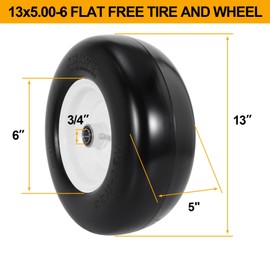 WEIYINGSI 13x5.00-6 Flat Free Lawn Mower Tire and Wheel, 13x5x6 Zero Turn Mower Front Tires, Smooth Tread Premium PU Solid Mower Tire with White Wheel, 3/4"&5/8" Ball Bearing, 3.15-5.65" Centered Hub