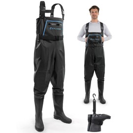 Calamus WaveWalker Fishing Waders for Men & Women, 100% Waterproof PVC Chest Waders with Slip-Resistant Boots, Tear-Resistant Nylon, Ample Storage, Wader Hanger, Black, M10/W12