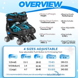 HXWY Kids Roller Skates for Boys Girls Child, Adjustable 4 Sizes Roller Skates for Kids and Youth with Light Up Wheels, Quad Black & Blue Roller Skates for Sports (Little Kid 11J-1)