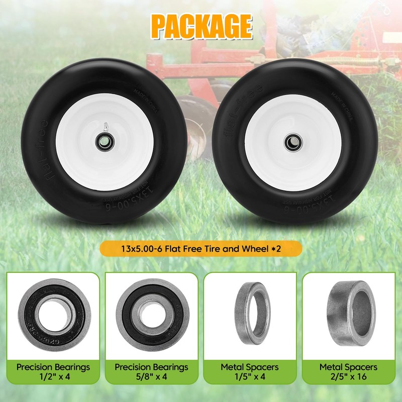 2PCS 13x5.00-6 Flat Free Tire and Wheel with 1/2" &