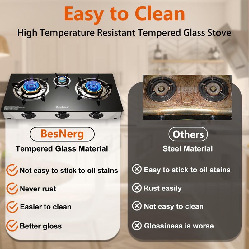 BesNerg Propane Stove 3 Burner Gas Stove, 34000 BTU High-Efficiency