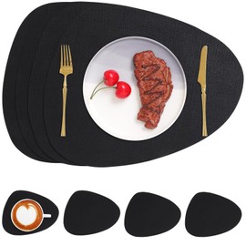 Chitomars Placemats and Coasters, Washable Reversible Placemats Round Faux Leather Wipeable Place Mats Non Slip Heat Resistant Indoor Outdoor Table Mats (Set of 4, Black)
