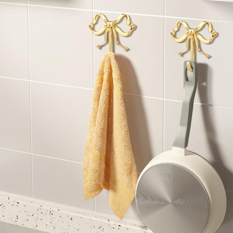 GOMAKERER 4 Pcs Bow Hooks for Wall, 2.6x2.6Inch Gold Coat