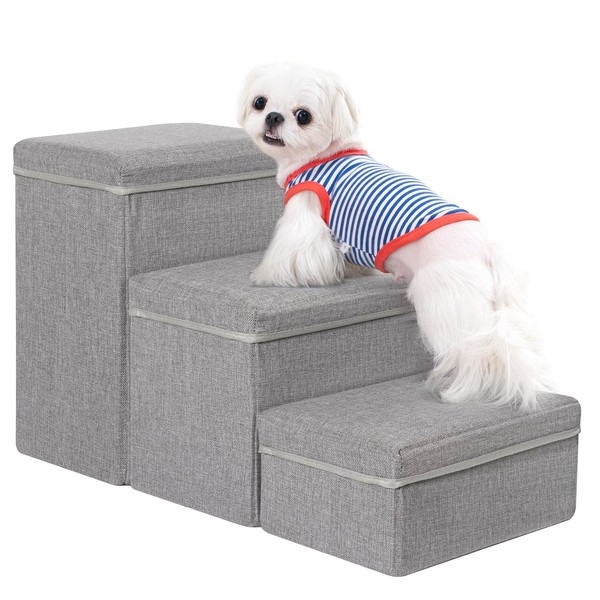 Uross Dog Stairs with Storage 3-Steps, Dog Steps for Small Medium Large Dogs, Pet Stairs to Bed for Old Dog Cats, Dog Puppy Steps for Couch (Grey)