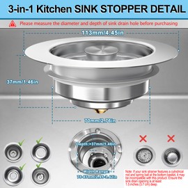3-in-1 Kitchen Sink Drain Strainer Stopper, Upgraded Stainless Steel Sink Plug with Anti-Clog Filter Basket, Fits Standard 3-1/2 Inch Drain Hole, Pop Up Garbage Disposal Cover, Universal Food Catcher