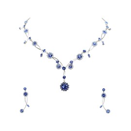 Faship Gorgeous Blue Rhinestone Crystal Floral Necklace Earrings Set - Blue