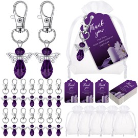 Hicarer 120 Sets Funeral Favors, Celebration of Life Favors Angel Keychains Organza Bags Sympathy Thank You Tags for Memorial Party Supplies Guest Return Funeral Gifts(Purple)