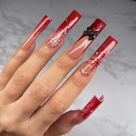 24pcs Christmas False Nails Long Square Press on Nails Red Ombre Fake Nails Snowflake 3D Bow Stick on Nails Removable Glue-on Acrylic Full Cover Nails Women Girls Nail Art Accessories