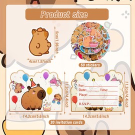 SWZY 20pcs Capybara Birthday Party Invitations, 50pcs Capybara Animal Stickers, Kids Birthday Party Invitations for Kids