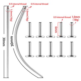 Osbourney 18G Silver Internal Threaded Bar G23 Titanium ASTM F136 Replacement Post, 10 PCS Post and 2 PCS Internal Threaded Piercing Assistant Tools Flat Back Stud Earrings with 6mm Bar Length for