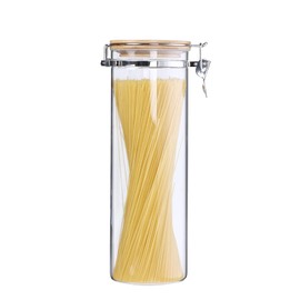 KKC HOME ACCENTS Tall Glass Pasta Storage Container with Hinged Lid,Glass Spaghetti Storage Jar Airtight Lid,Pasta Spaghetti Kitchen Cani ster Noodle Holder Container with Bamboo Ld