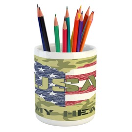 Lunarable National Pencil Pen Holder, Heart Shaped American Flag and Grunge Style Illustration Patriotic Art, Printed Ceramic Pencil Pen Holder for Desk Office Accessory, Sage Green and Khaki