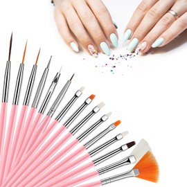 MultiValue 15pcs Nail Paint Brushes Set, Nail Art Brushes for Gel Polish with Rhinestone Picker, Nail Detailing Brush Makeup Brushes Set for Cleaning Fingernails Dotting Painting Line (Pink)