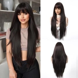 Cemuto Dark Brown Synthetic Wig with Bangs Glueless Long Straight Layered Wigs for W
