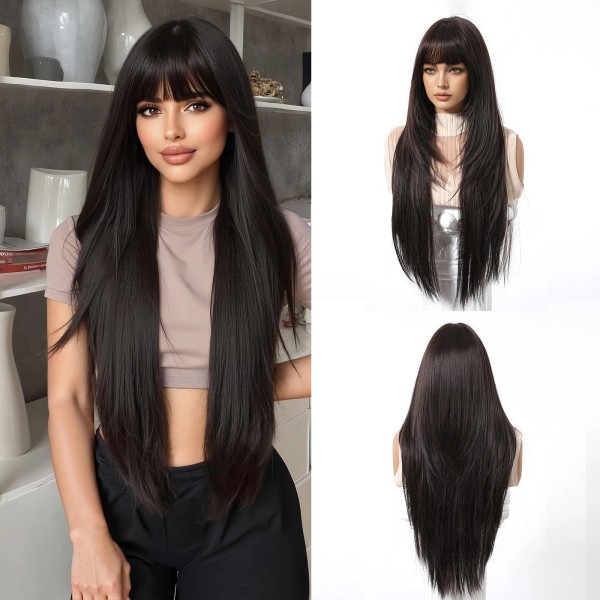 Cemuto Dark Brown Synthetic Wig with Bangs Glueless Long Straight