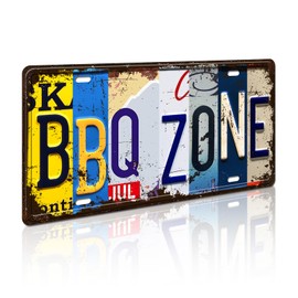 Retro Vintage License Plate Wall Decor, BBQ Zone Metal Tin Sign for Bar Home Decor Wall Plaque 12x6 Inch