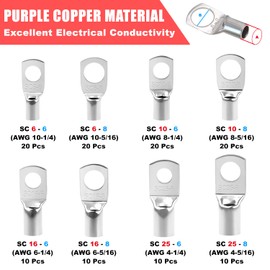 Newdeli 240pcs Heavy Duty Wire Cable Lug Kit, Including 120pcs Tinned Copper Battery Cable Ends Eyelets Tubular SC Ring Terminals + 120pcs Battery Terminal Insulating Covers, Copper Wire Lugs