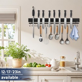 Dmore Dmore magnetic knife holder for wallwith 15 hooks, No Drilling 23 Inch black knife magnetic strip, Extra Strong Magnet knife rack, include Adhesive Tape and screws for Knives and Tools