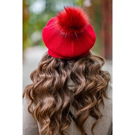 Vivisence Winter Women's Elegant Beret with Classic Design Faux Fur Pompom for Ladies Warm Wool Blend Fabric Perfect for Cold Days and Everyday Wear Autumn and Winter, Red,UNI