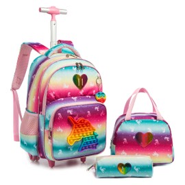 Meetbelify Unicorn Rolling Backpack for Girls Wheels Backpacks for Elementary Student Wheeled Trolley Trip Kids Luggage for Teen Girls with Lunch Box Pencil Case