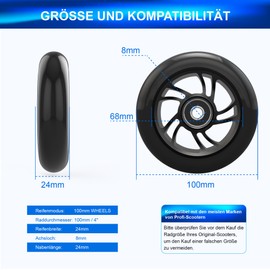 100 mm Stunt Scooter Wheels Scooter Tyres - Scooter Wheels Replacement Wheels, with Aluminium Alloy Rims and Anti-Lock Bearings, Scoot and Ride Scooter Accessories for Scooters (2 Pieces, 100 mm