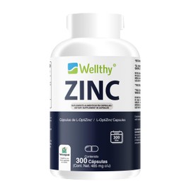 Wellthy Zinc Premium 300 Cápsulas. Hecho con L-Optizinc, fórmula de Alta Absorción patentada por el Laboratorio Suizo Lonza. 220 Porciones, 10 meses de consumo, V Caps Cápsulas Veganas.