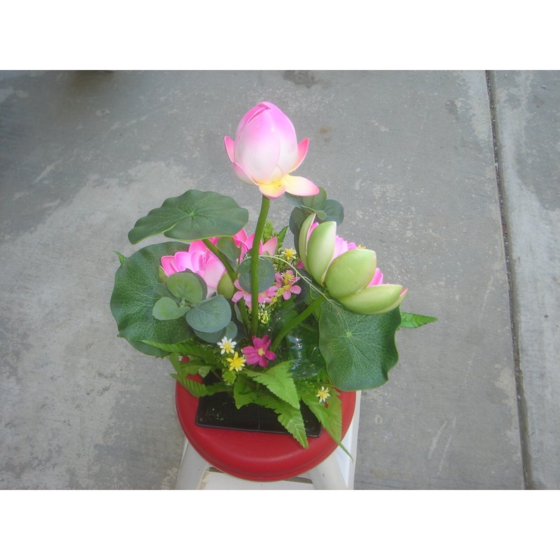 Plastic Artificial Lotus Flower with Black Square Procelain Pot