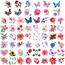 Qpout 60 Sheets Flowers Temporary Tattoos for Women/Girls, Rose Temporary Tattoos Realistic, Butterfly Tattoos for Children Girls, Rose Flower Butterfly Tattoos Stickers for Adults