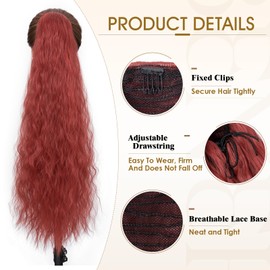 Benehair Hair Extensions Ponytail, 32 Inch Long Wine Red Drawstring High Puff Ponytail Extension for Women, Curly Wavy Synthetic Hairpieces Ponytail Hair Extensions for Daily Use (32", #531 Wine Red)