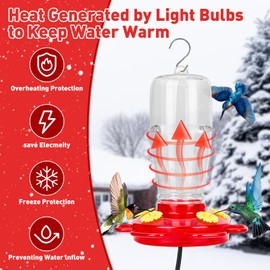 2 in 1 Heated Hummingbird Feeder for Outdoor, 66℉ Constant TEM, 4 Feed Ports, Hook & 3 Suction Cups for Hanging, Hummingbird Feeder Warmers, 1PCS
