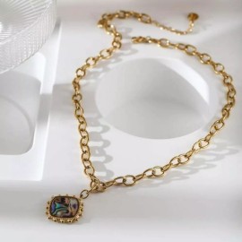 LUNA GALAXY Necklace - Round link chain with square abalone design pendant.