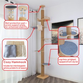 Floor to Ceiling Cat Tree Height (50-119.5in) Adjustable Cat Tower 5 Tier Hemp Scratching Post High Cat Tree Sturdy Activity Tree Indoor Outdoor Cat Scratching Post Activity Center