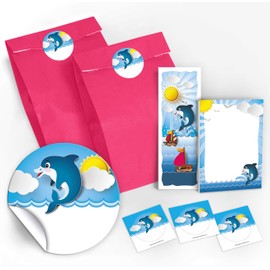 Party Bags Children's Birthday 12 Gift Bags + 12 Stickers + 12 Bookmarks + 12 Mini Notepads Dolphin / Guest Gift for Children Girls Boys Birthday Party Accessories Giveaways Animals