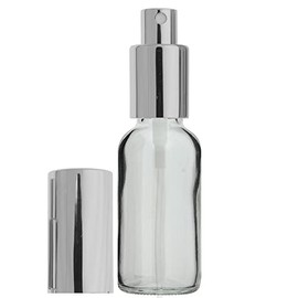 AURA VARIETY 24 Bottles 1 OZ 30 ML Boston Round Clear Empty REFILLABLE Glass Bottle with FINE Mist Silver Sprayer (Perfume Fragrance Cologne Essential Oil Atomizer)
