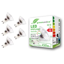 greenandco® CRI90+ LED spot replaces 60 Watt GU10 halogen spot, 7W 510 Lumen 3000K warm white SMD LED spot 36° 230V AC glass with protection glass, not dimmable, flicker free.