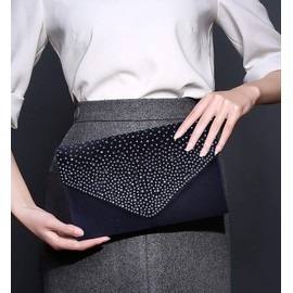 MaoXinTek Satin Pochette Mariage Soirée Sac à Main Bandouliere pour Femme pour Fête Cocktail Mariage Cadeau, Élégant Enveloppe Bourse Chaine Diamant Pour Dame Fille, darkblue